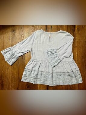 Light Blue Peplum Eyelet Top- Doe & Rae